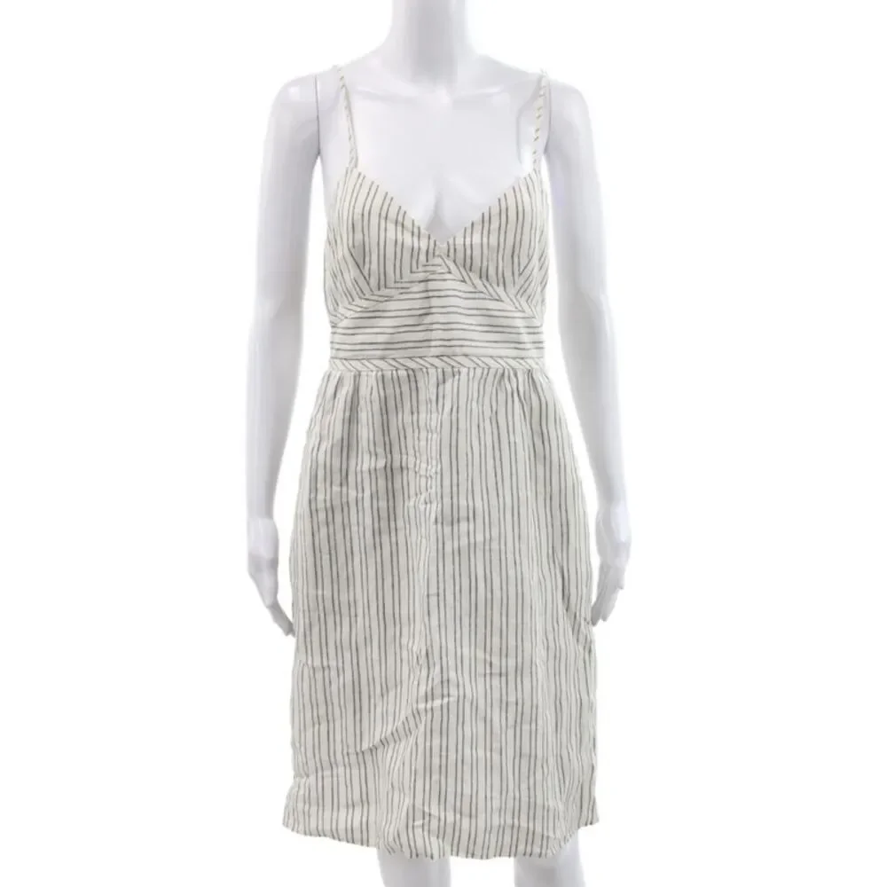Theory Womens Sundress Ivory Linen V-Neck Striped Sleeveless Zip Size 4